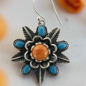 Spiny Oyster & Turquoise Leaf Design Dangle Earrings 2”